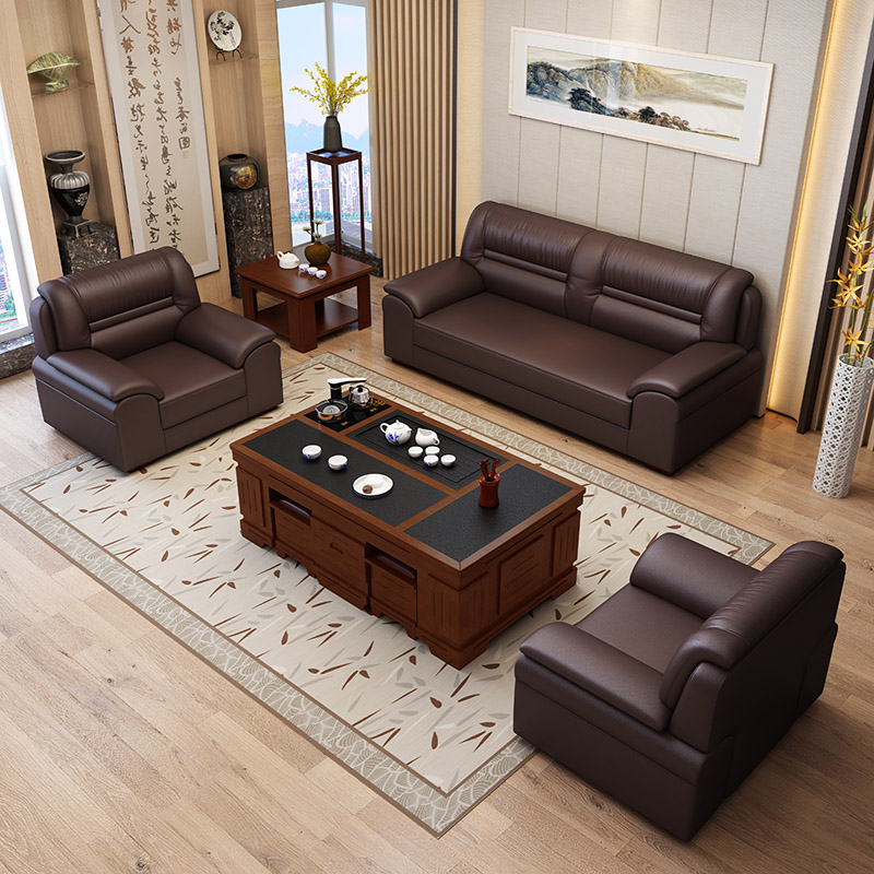 Office sofa coffee table combination business reception sofa Chinese modern office leather sofa three-seat