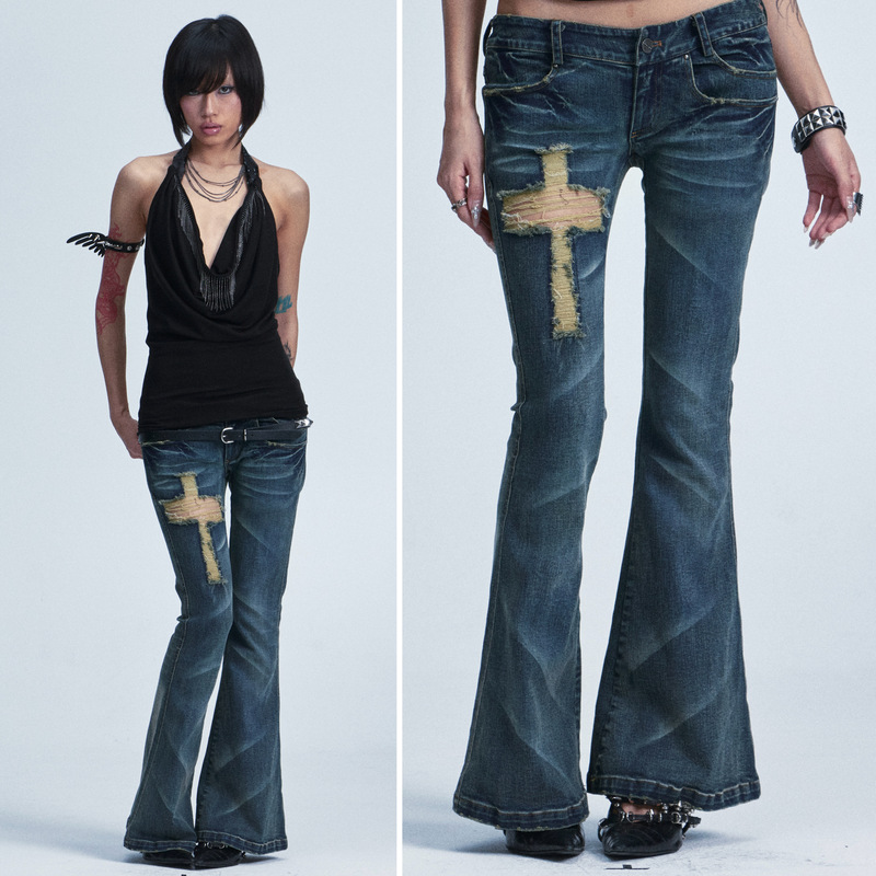 Noname Space Stretchy Slim-Fit Washed Distressed Low-Rise Double-Pocket Cross-Hole Flared Pants