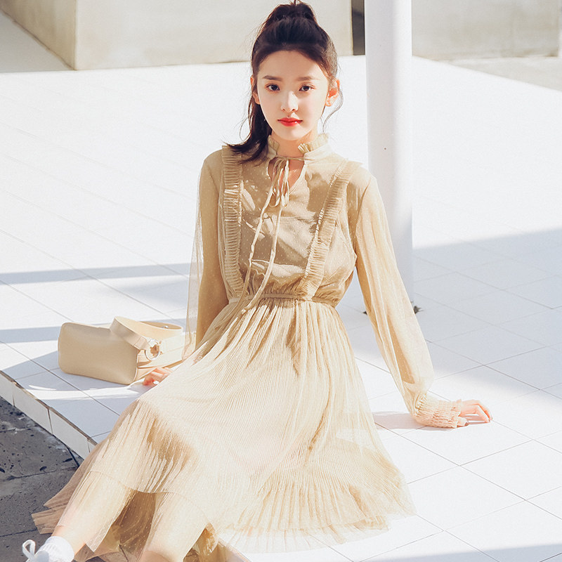 柠檬DIARY新品2018春季实拍女装中长款假两件蕾丝裙复古连衣裙