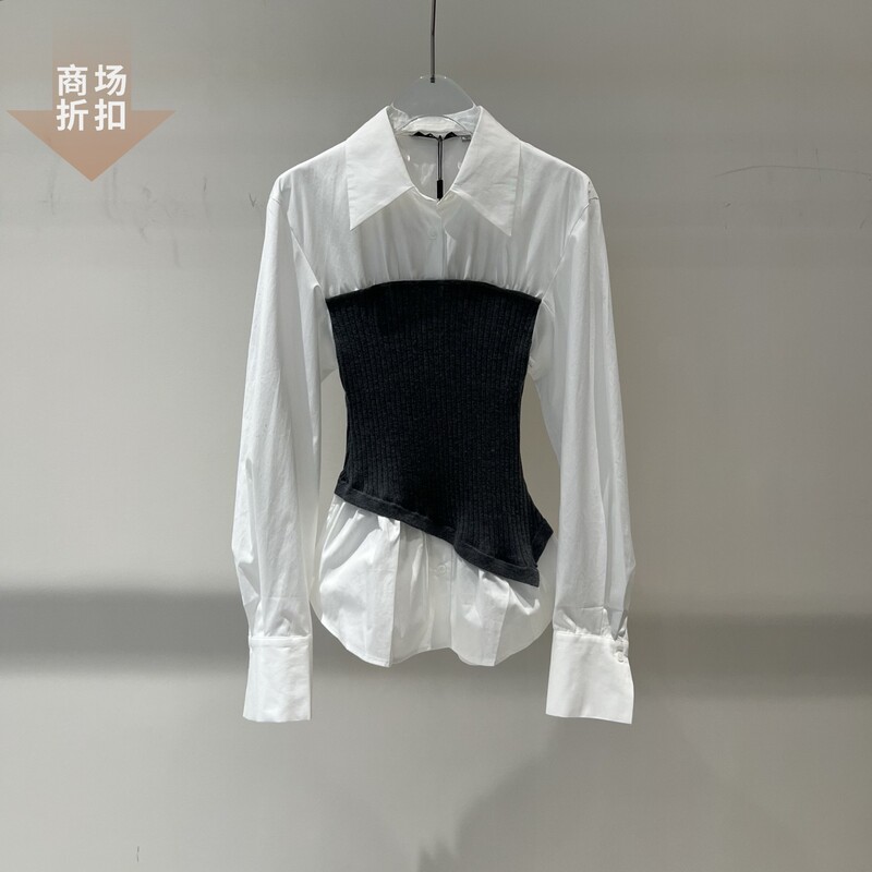 Same Style as in the Mall, Xuan Aino 2026 Autumn Strapless Knitted Patchwork Waist-Cinching Faux Two-Piece Shirt Top 503219