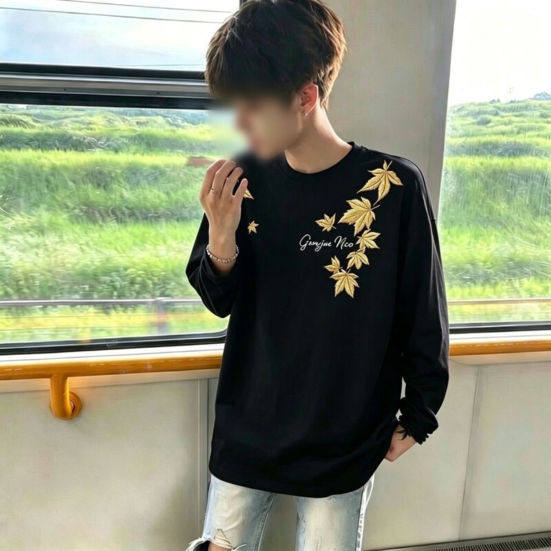 American High Street Fashion Brand Imitation Embroidered Maple Leaf Print Men's and Women's Spring and Autumn Thin Pure Cotton Long-Sleeved T-Shirt Casual Top