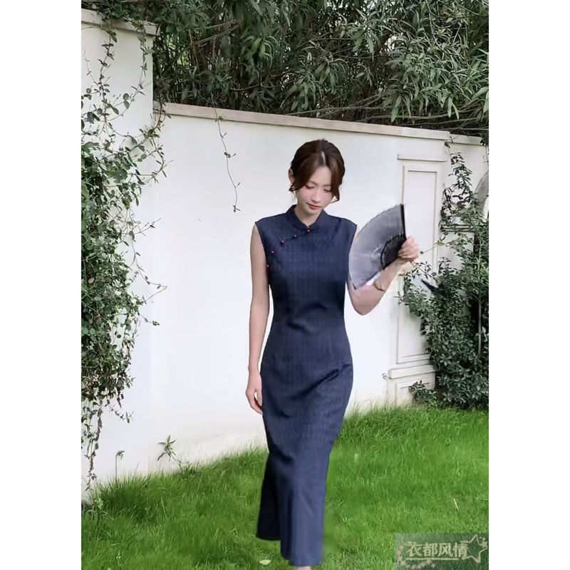 Zhixuan 266Q31 Fashionable Versatile Diagonal Buckle Stand Collar Diamond Pattern Waist-Cinching Slim Mid-Length Cheongsam Dress for Summer