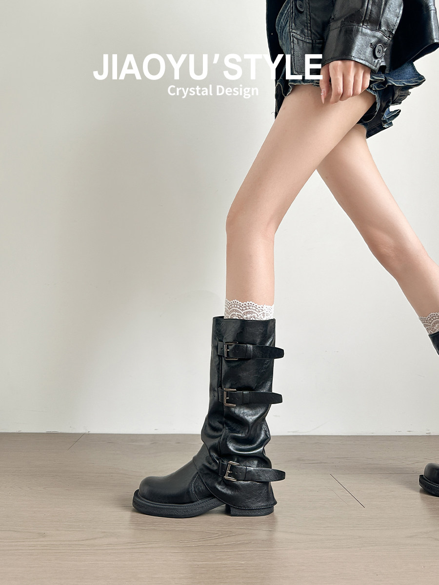 Genuine Leather~ Jiaoyu Leather Buckle Black Mid-Calf Pants Boots Women's Slouch Boots Long Boots Riding Boots Western Cowboy Boots