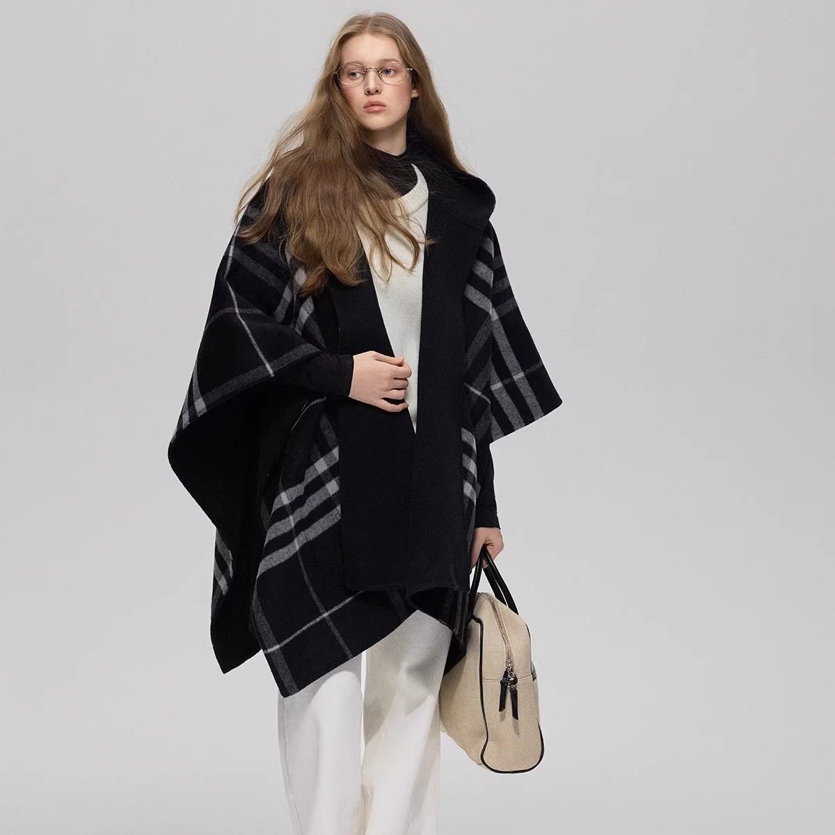 Долгосрочный шерстяной и кашемировый двусторонний плащ-шаль, двустороннее шерстяное пальто в клетку, осенне-зимняя черная куртка с капюшоном