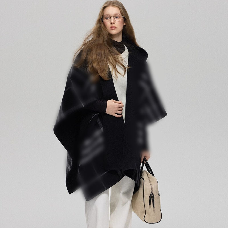 Long-Termism Sheep Wool Reversible Shawl Cape Double-Sided Plaid Coat Autumn and Winter Black Hooded Jacket for Women