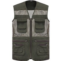 Mens summer middle-aged and elderly cotton mesh vest breathable outdoor fishing camera pens multi-pocket quick-drying large size