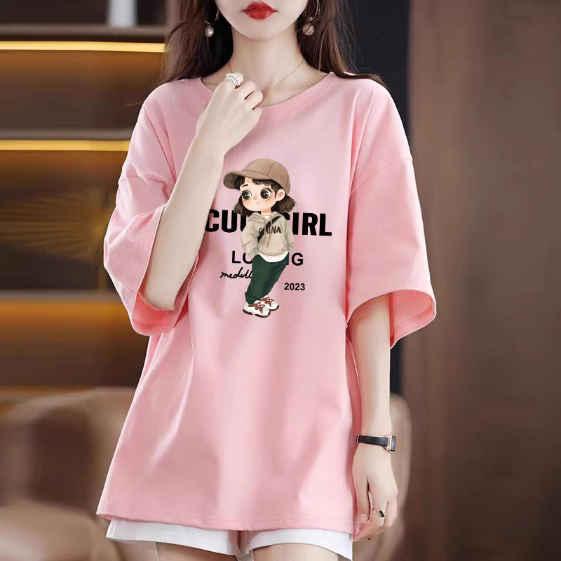 Mid-Length Pure Cotton Short-Sleeved T-Shirt for Women, 2026 New Style, Loose Casual Half-Sleeve Top, Round Neck Base Shirt for Women, Trendy