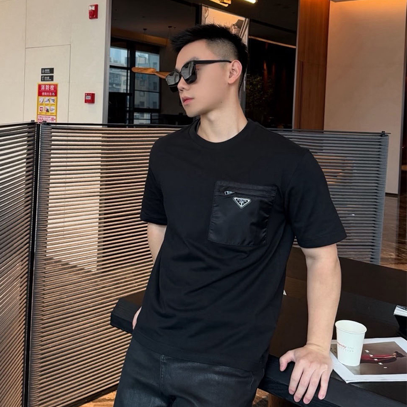 Triangle Logo Summer High-End Luxury Short-Sleeve European and American Style Pure Cotton Loose P Letter Pocket T-Shirt