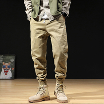  Autumn khaki stitching overalls mens trend brand loose elastic drawstring pants large size wild casual fat tide