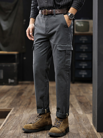 棉弹 高级感美式复古男士工装裤直筒弹力裤子秋季多口袋休闲裤男