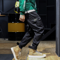  Autumn trend brand black overalls mens loose-legged casual trousers mens Korean version of the trend autumn and winter plus velvet and thickening