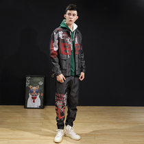  Trendy brand denim tooling suit mens two-piece loose fashion printing street trend hip-hop fat plus size trend