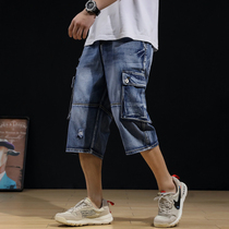Denim shorts mens three-point pants summer thin loose tooling straight multi-pocket tide brand pants fat plus size