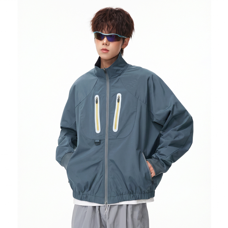 Jiumu Town Stand-Up Collar Jacket for Men, Outdoor Functional Windproof and Water-Repellent, Color-Blocking Reflective Zipper Jacket, Stylish Commuter Top