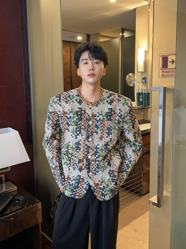 Chen Dafu Beaded Design Camouflage Checkerboard Jacket for Men 2026 Autumn and Winter Loose Textured Collarless Chanel-Style Coat Chen Dafu Beaded Design Camouflage Checkerboard Jacket for Men 2026 Autumn and Winter Loose Textured Collarless Chanel-Style Coat