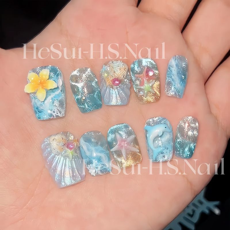 Letter from the Island Summer Vacation Style Blue Cat's Eye Ocean Series Handmade Wearable Nails