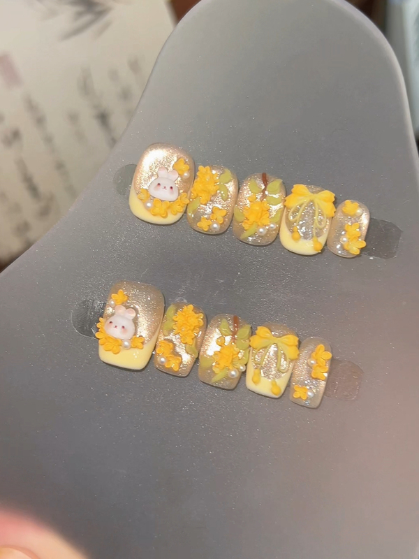 Q-Version Osmanthus Rabbit Handmade 3D Osmanthus Rabbit Nail Art for Mid-Autumn Festival and National Day