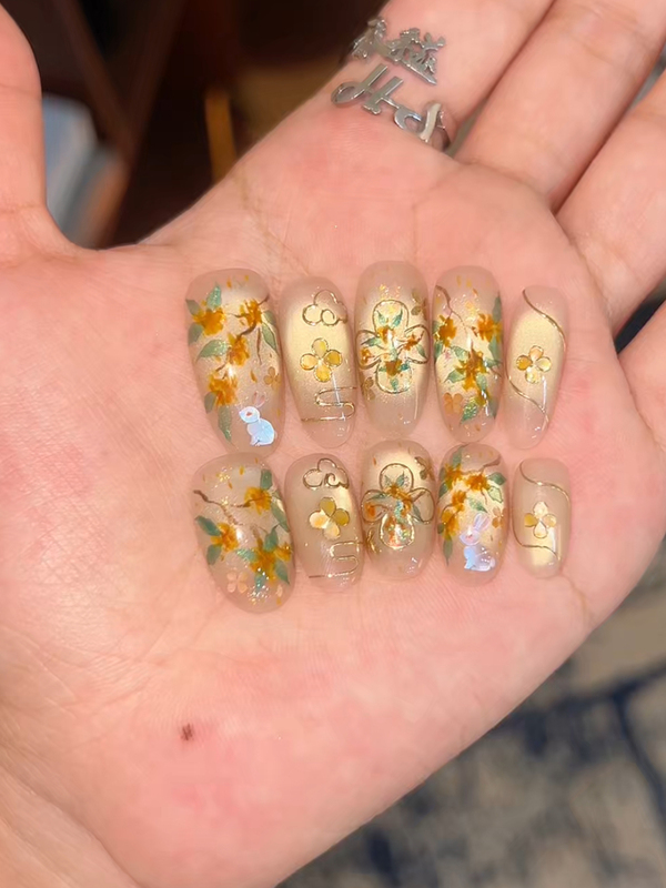 "Rabbit Shadow under the Moon" Intangible Cultural Heritage Mother-Of-Pearl Shell Rabbit Osmanthus New Chinese Style Pure Handmade Nail Art Wearable Nails