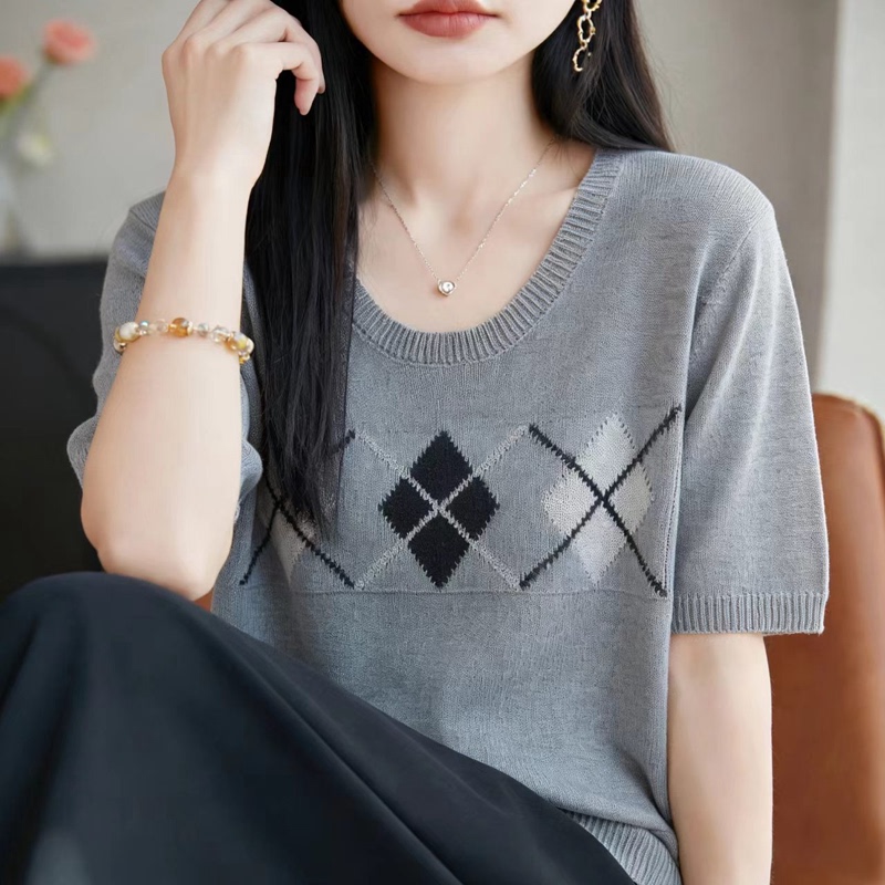 Commuter Style Diamond Pattern Knit Short-Sleeve T-Shirt for Women, Loose Round Neck Pullover Base Shirt, Loose Fit Diamond Pattern