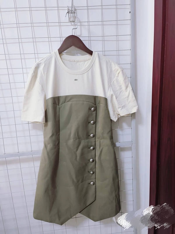 Shenzhen European-Style Color-Blocking Slimming Dress for Women, Faux Two-Piece T-Shirt Dress, Korean Style Dress, Size S