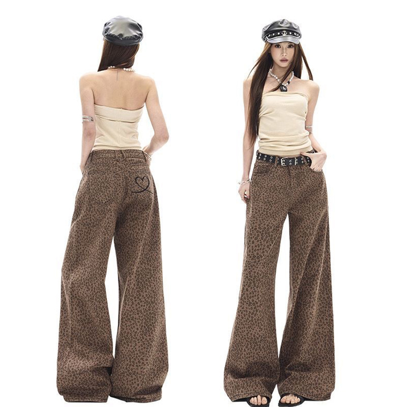 New Style Heart Embroidery Repair Vintage Low-Saturation Leopard Print American High Street Wide-Leg Loose Jeans