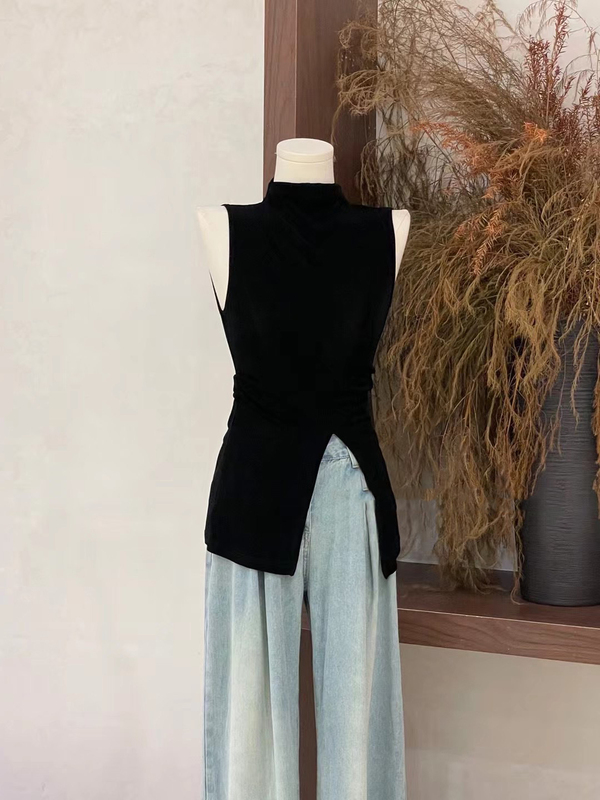 Korean Dongdaemun High-Neck Design with Slit, Hollow-Out, Backless, Elegant Sleeveless Tank Top Women's Summer Fashion