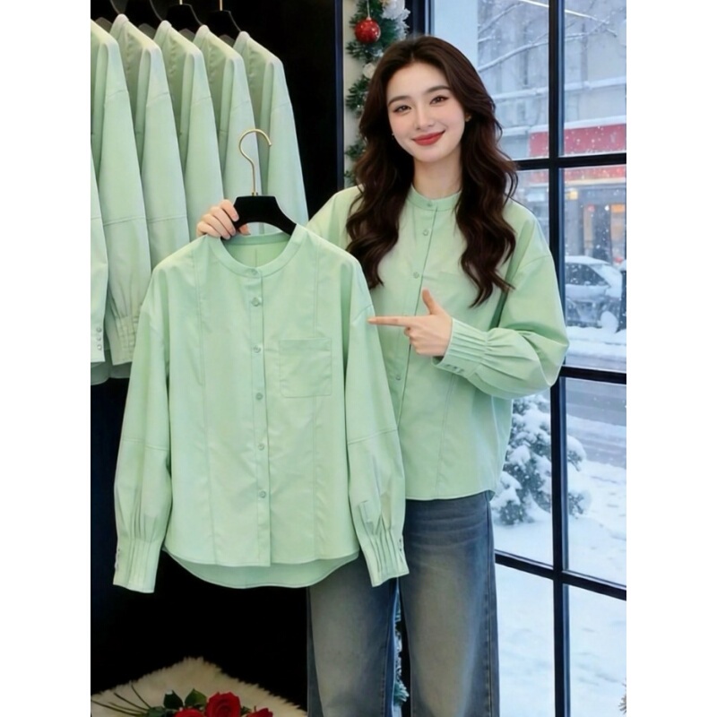 High-End Stylish Light Green Round-Neck Shirt for Women, Spring Design, Long-Sleeved Versatile Top, 2026 Spring/Summer New Collection High-End Stylish Light Green Round-Neck Shirt for Women, Spring Design, Long-Sleeved Versatile Top, 2026 Spring/Summer New Collection