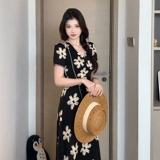 Черный летний приталенный корсет, длинная длинная юбка, размер, французский стиль, V-образный вырез, цветочный принт, короткий рукав, А-силуэт