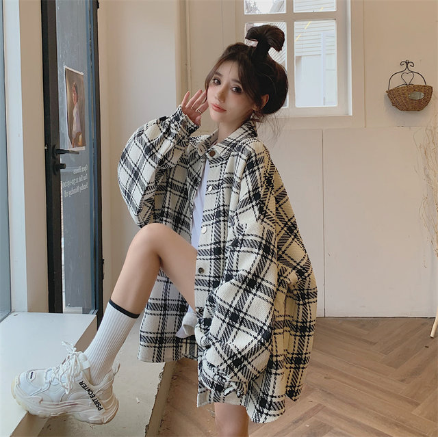 Large size fat MM autumn Korean retro oversize mid-length shirt top casual all-match outerwear shirt tide