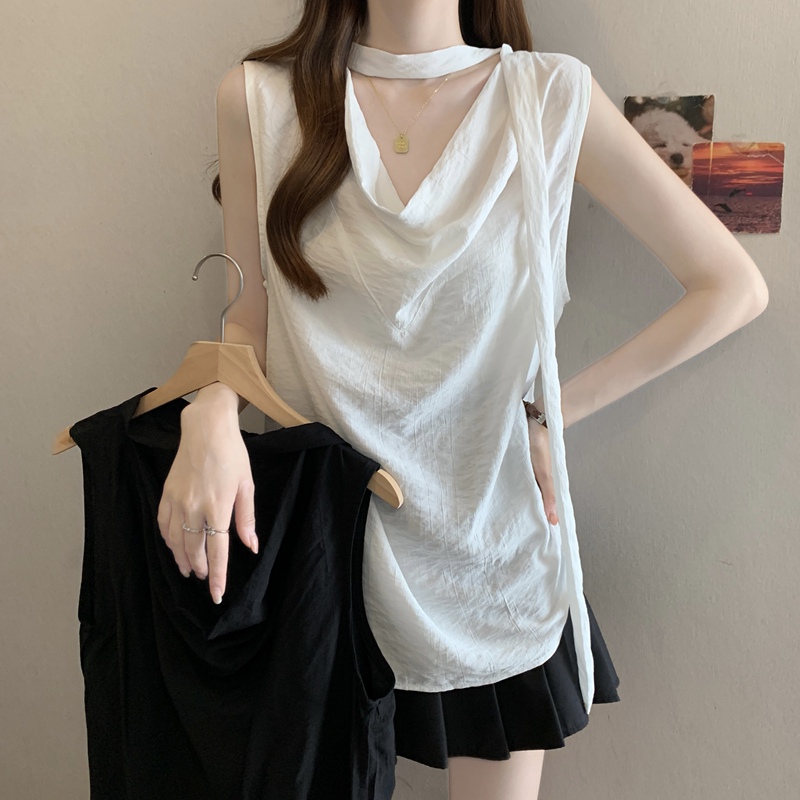 Plus-Size Women's Summer New Korean-Style Loose Swing Collar Design T-Shirt, Stylish and Versatile Sleeveless Top for Commuting