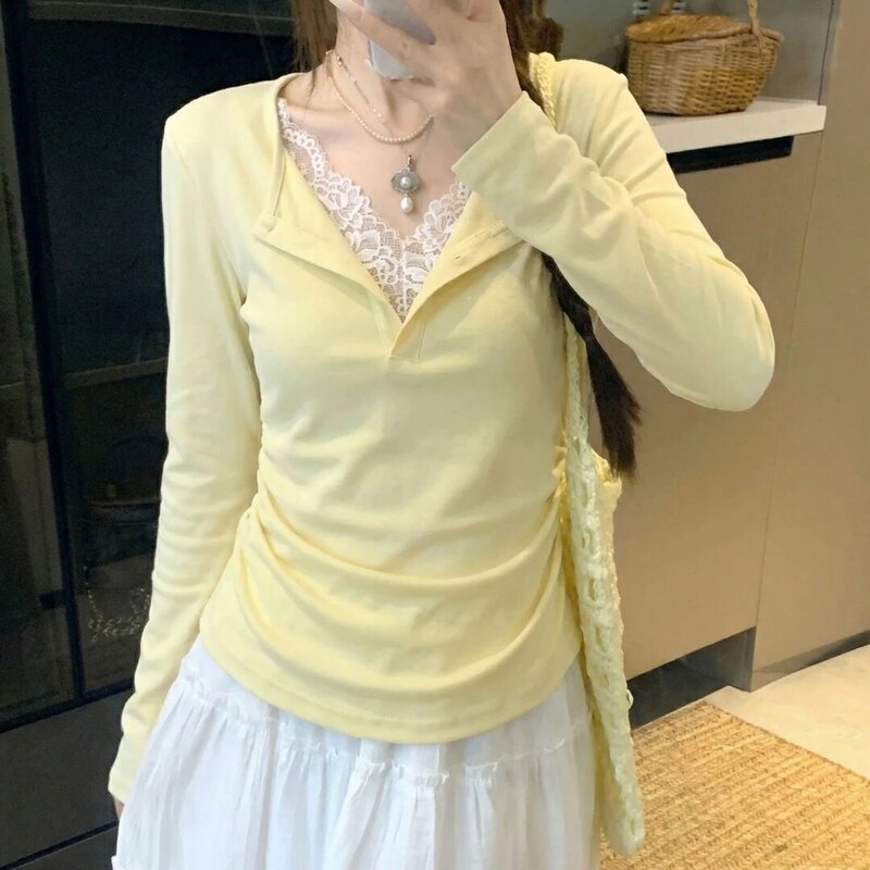 Plus-Size Fat Girl Pure and Sweet Style Lace Splicing Long-Sleeved T-Shirt for Women 2026 Early Spring, Covers the Body and Looks Slimming, Fashionable Top