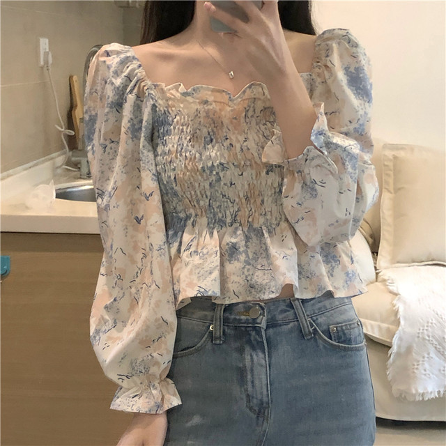 Large size floral shirt female spring and summer design sense French square collar short fairy blouse fat MM belly cover chiffon shirt