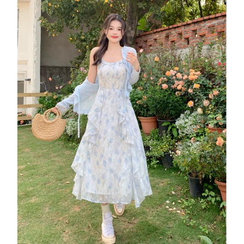 Синяя элитная изысканная длинная юбка, кардиган, комплект, размер, цветочный принт, в цветочек, яркий броский стиль