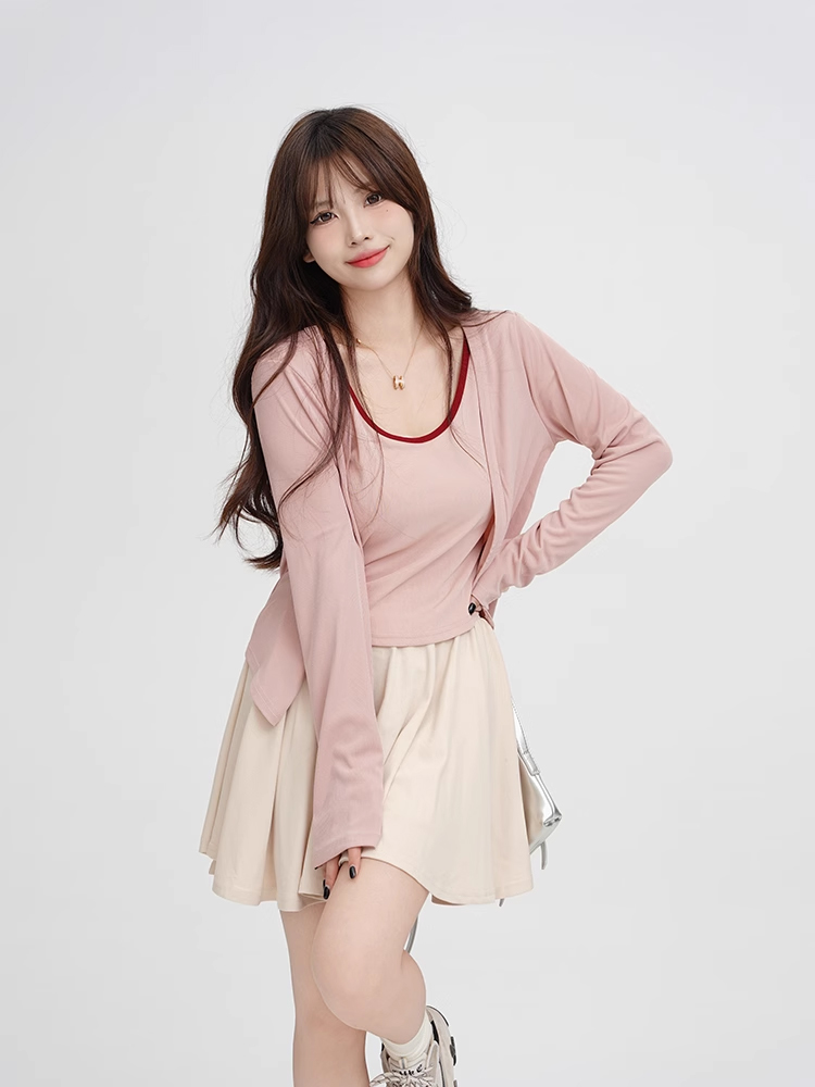 Large Fat mm Early Autumn New Women's Thin Candy Color Knitted Shirt Coat Hanging Cardigan Set Long Sleeve Top