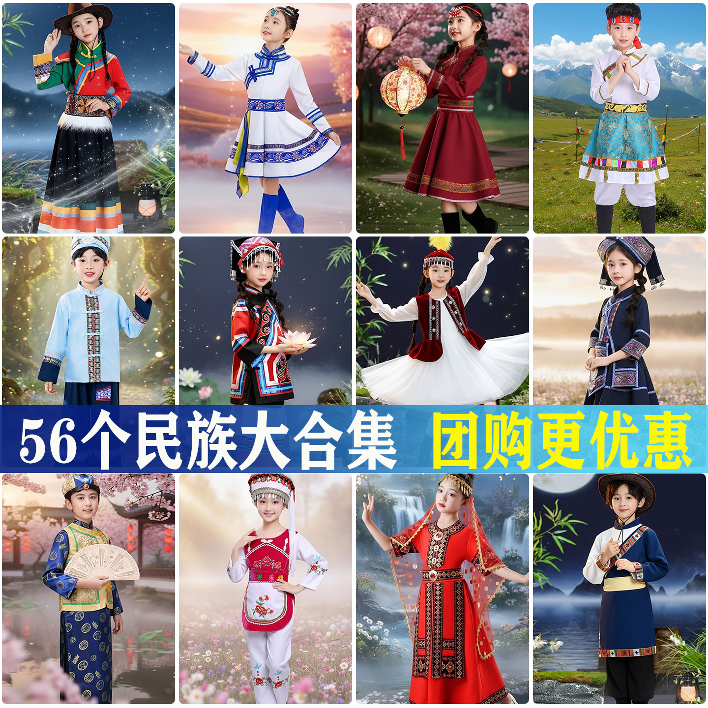 56 новых новогодних костюмов для детей из числа этнических меньшинств для известных монгольских этнических групп, донгов, Яо, тибетцев, Йи, мальчиков и девочек