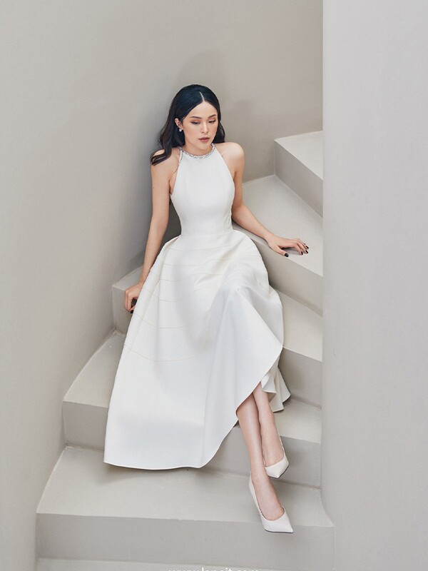 Vietnamese Niche Brand White Engagement Dress for Women, Heavy-Duty Rhinestone Embellishment, High-End Cici Socialite Dress