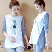 2022 pregnant womens spring dress new Korean version of the Korean version jacket with long and round collar t-shirt with undershirt long sleeve blouse for pregnancy and summer clothing