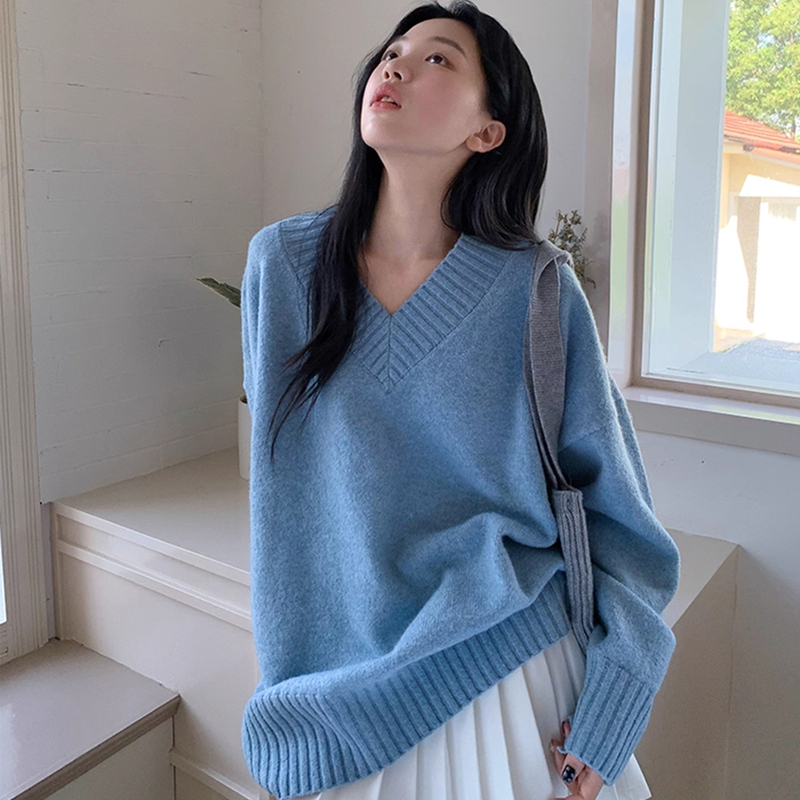 Korean Style Lazy V-Neck Blue Pullover Sweater for Women, Autumn and Winter Loose Thickened Casual Soft Knit Top Korean Style Lazy V-Neck Blue Pullover Sweater for Women, Autumn and Winter Loose Thickened Casual Soft Knit Top