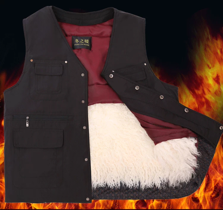 Áo len nam trung niên lông một mùa thu và mùa đông ấm áp dày cotton vest vest da thật