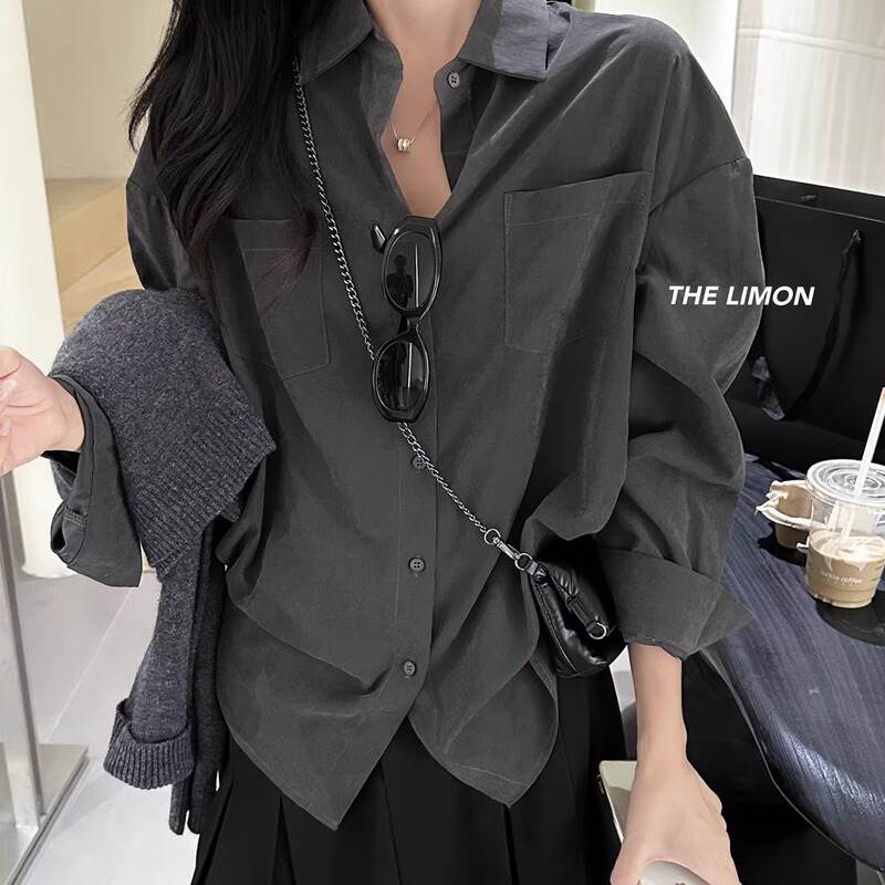 Korean Style Chic Charcoal Gray Double-Pocket Long-Sleeve Shirt for Women, New Autumn Style, Lazy Style, Loose Fit, Slimming Layering Top