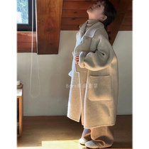 Bora Korean childrens woolen coat thickened spring clothing boys and girls fashionable mid-length woolen coat trendy