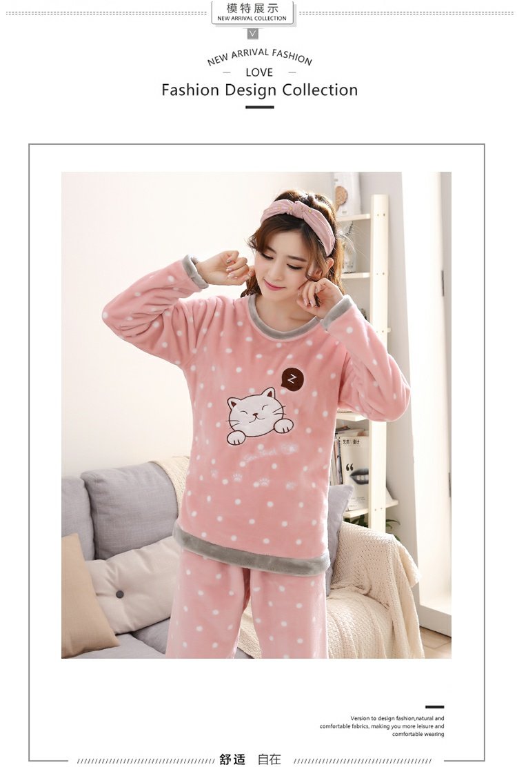 Bộ đồ ngủ mùa đông dày lông cừu san hô dễ thương phiên bản Hàn Quốc của mùa thu flannel dài tay phù hợp với dịch vụ nhà có thể được mặc bộ jum đẹp