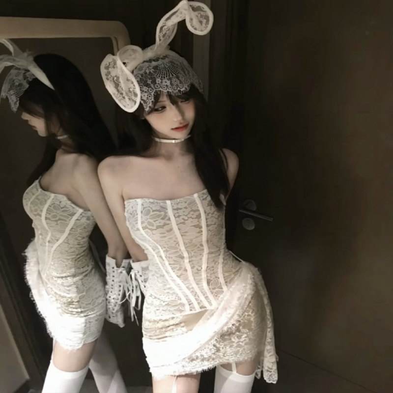 Cherrypuff Is Naturally Alluring, Sexy Lace Pattern Straps, Slim-Fitting Mesh Tube Top Dress, Hip-Hugging Skirt