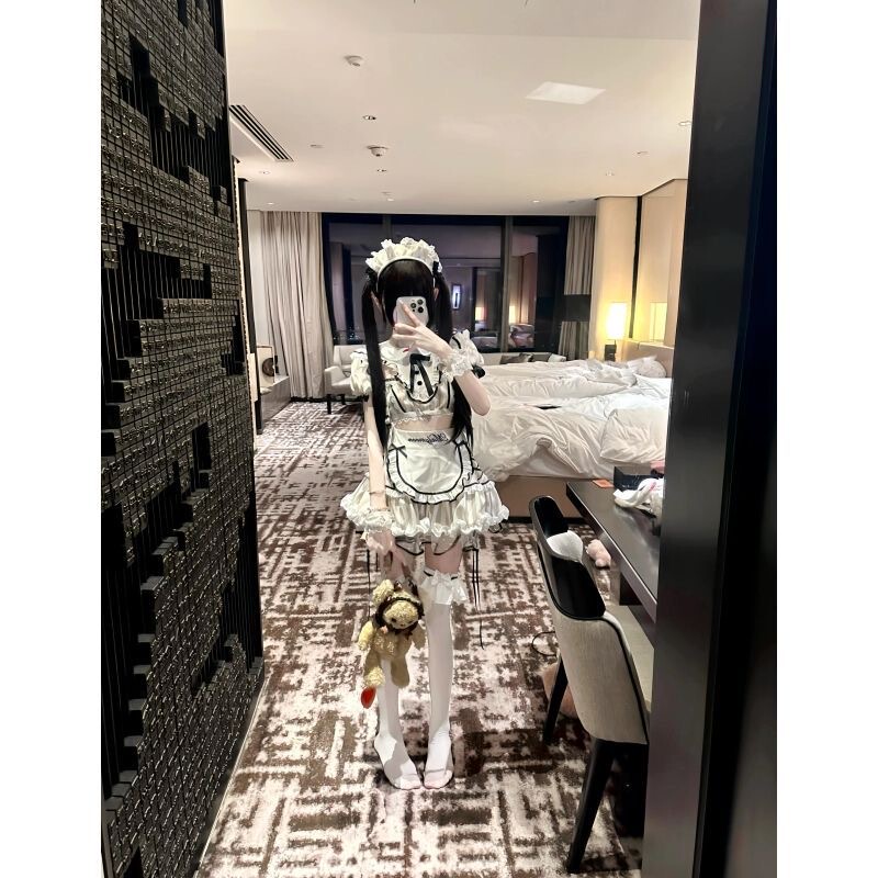 Sweet Cosplay Maid Outfit for Girls, Lace Bow Short Top with Lace-Up Patchwork Lace Skirt Two-Piece Set Sweet Cosplay Maid Outfit for Girls, Lace Bow Short Top with Lace-Up Patchwork Lace Skirt Two-Piece Set