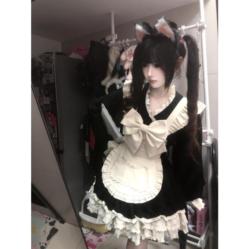 Japanese-Style Lolita Dress, Cute Lolita Patchwork Ruffled Maid Dress with Suspender Apron Two-Piece Set
