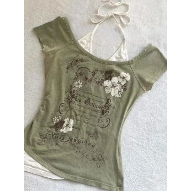 Summer Fake Two Pieces Halter Bandage Vintage T-shirts Y2k A