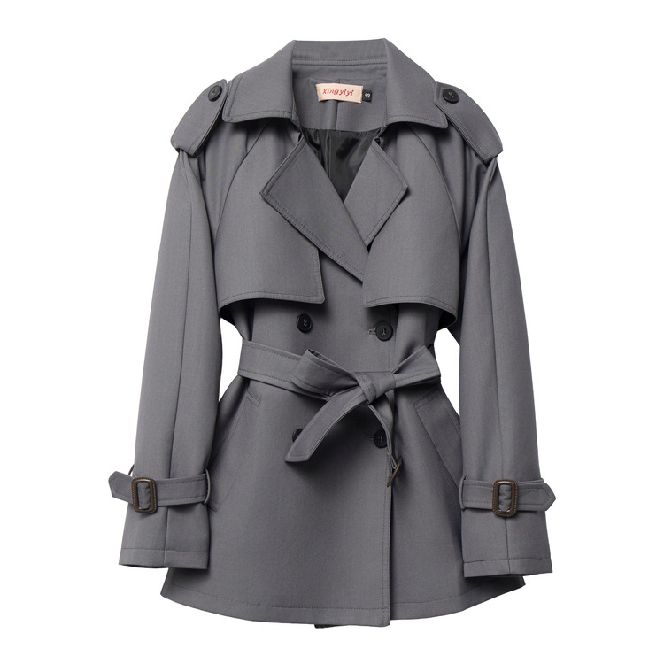 Gray Double-Breasted Waist-Cinching Trench Coat for Women 2026 New Autumn Korean Style Petite British Style High-End Coat
