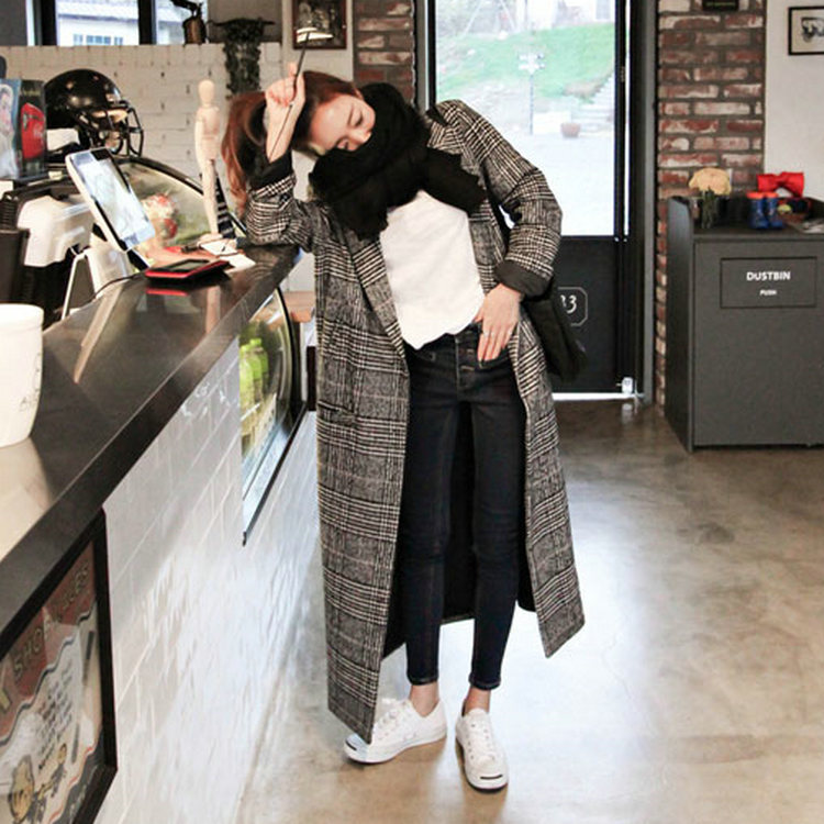 Chống mùa khuyến mãi Người Anh kẻ sọc áo gió nữ phần dài mới len trên đầu gối coat houndstooth len coat coat tại chỗ áo khoác nữ kaki