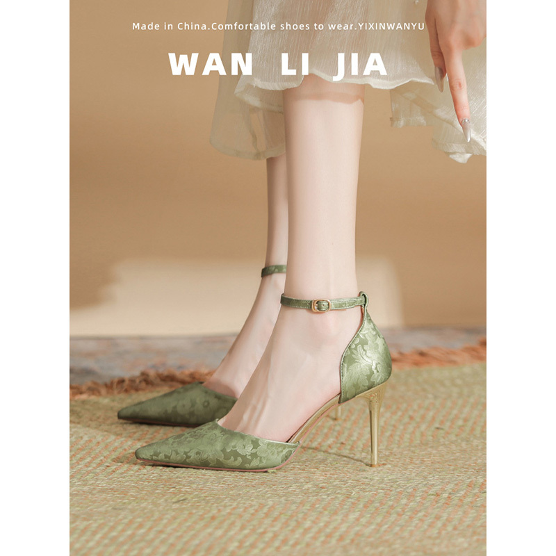 High-Heeled Sandals for Women 2026 Summer New Style Chinese Style Green French Pointed Toe Elegant Ankle Strap High Heels Stiletto High-Heeled Sandals for Women 2026 Summer New Style Chinese Style Green French Pointed Toe Elegant Ankle Strap High Heels Stiletto