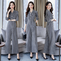 Conjoined pants spring autumn 2022 new Korean version Temperament Van High Waist Display Slim One-piece Trousers Striped Broadlegged Pants Suit
